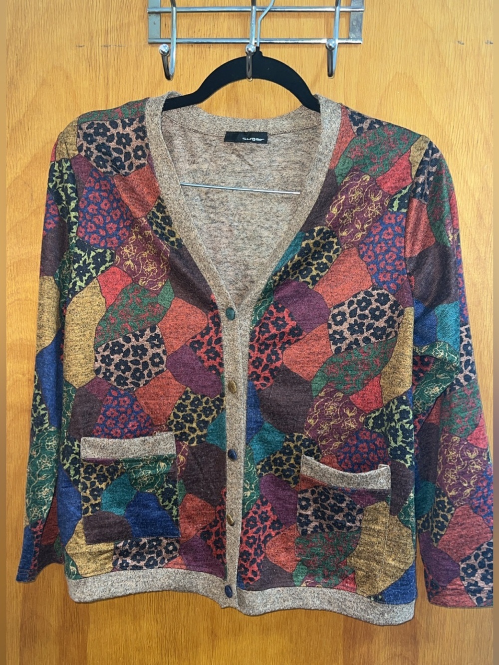 Sugar Multicolor Patchwork V-Neck Cardigan vintage Sweater size M - Picture 3 of 7